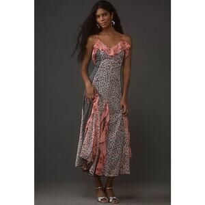 Anthropologie Paneled Ruffle Midi Dress Whimsical Romantic Pink Combo Size Small